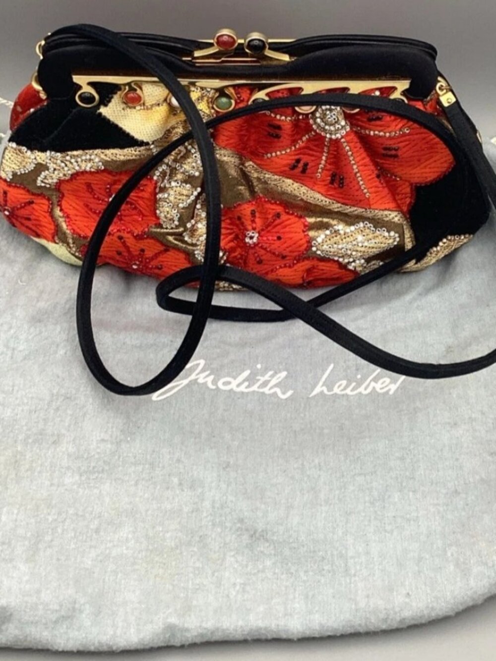 VINTAGE Judith Leiber Black Gold & Red Satin & Sequin Floral Shoulder Bag Purse